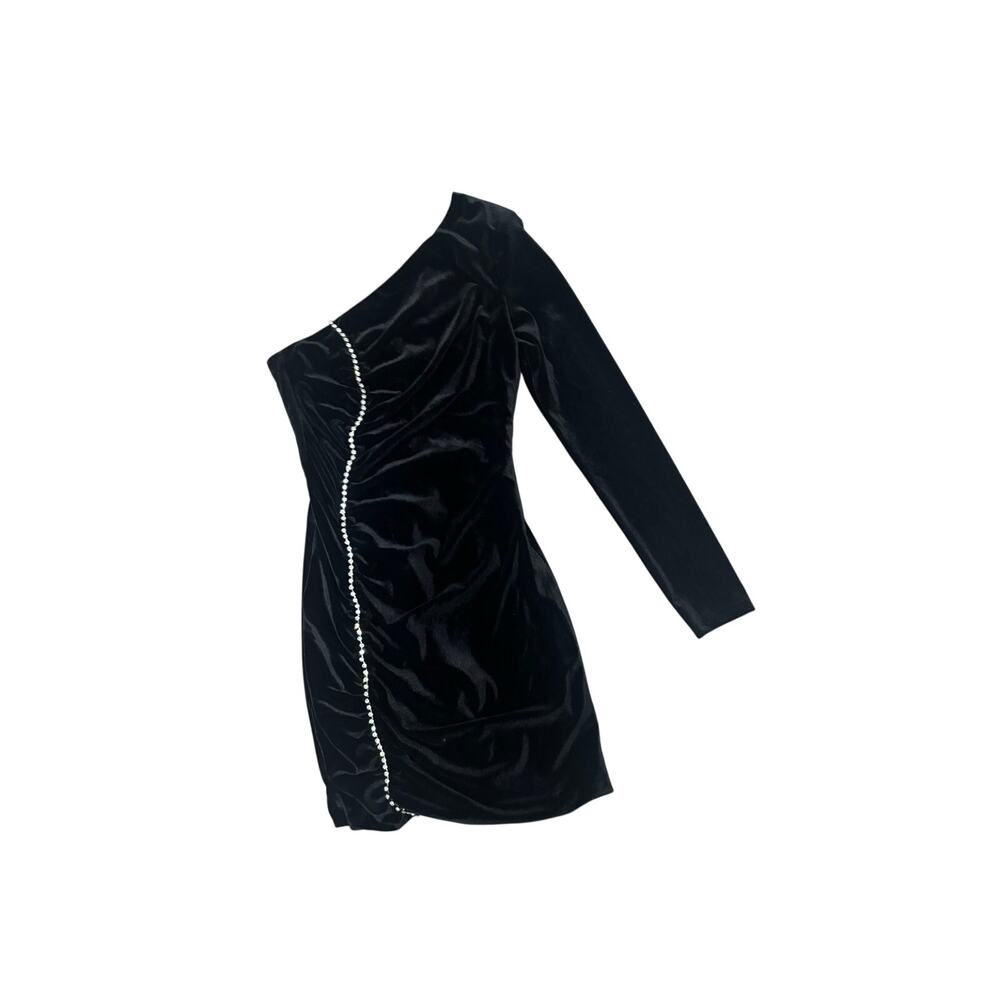 Dobe black velvet one shoulder dress with rhinestones